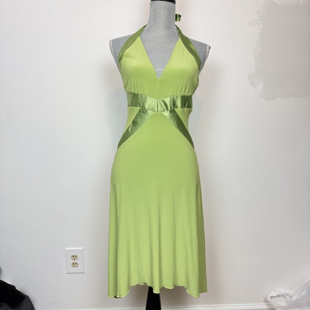 Vintage y2k Deadstock Khaki Krew brat green halter midi dress MD summer euro